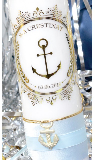 Lumanare de botez personalizata, print folio gold, 30x8cm, Nautic 1